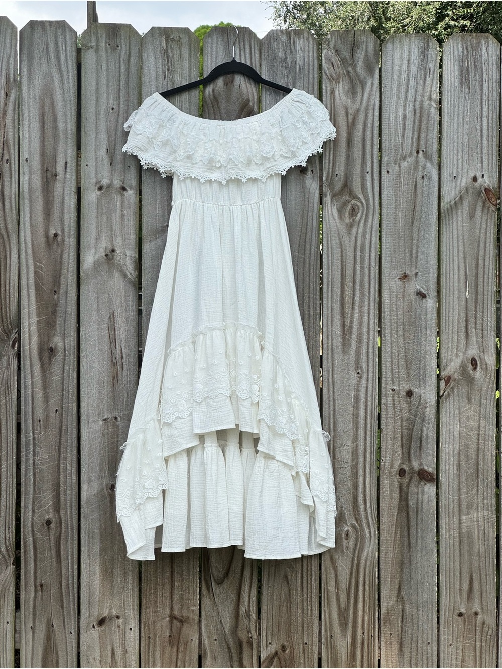 Flower girl boho cottagecore white cotton & lace off shoulder ruffle maxi dress